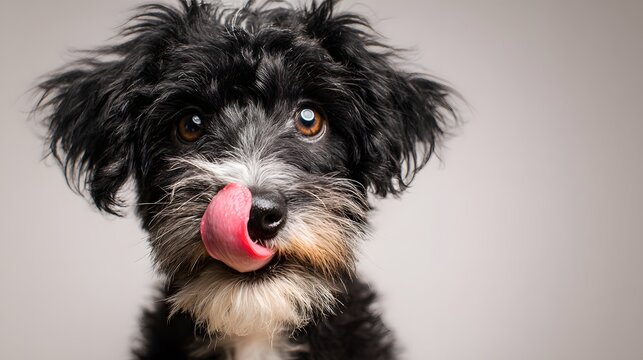 Adorable Fluffy Puppy Licking Its Nose with Tongue Out.