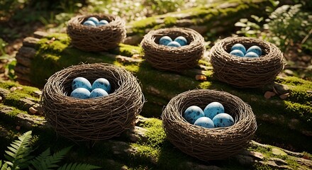 Obraz premium Realistic bird nests made of twigs containing speckled blue Easter eggs placed on mossy logs in forest