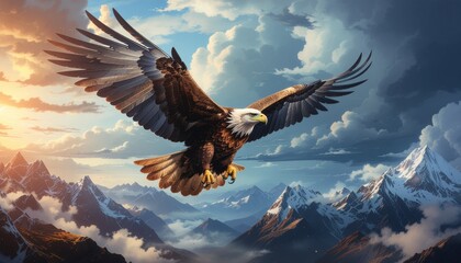 Fototapeta premium Majestic Bald Eagle Soaring Above Snow-Capped Mountains Under a Dramatic Sky