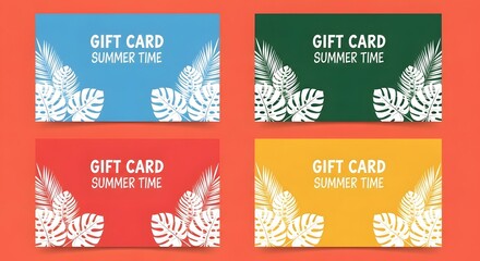Naklejka premium Set of summer gift card templates with tropical leaves and vibrant colors
