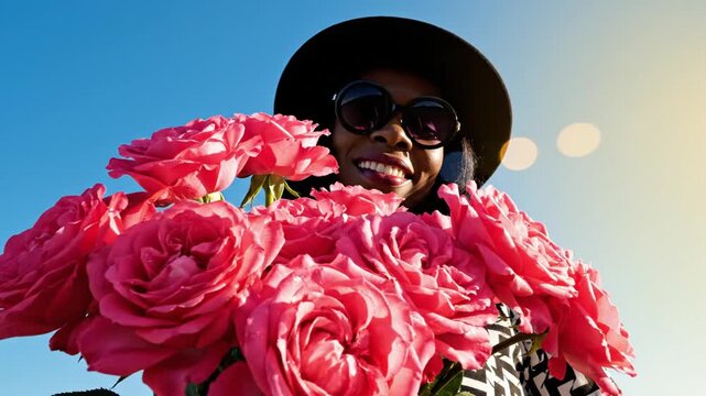 Smiling African American woman in a black wide-brimmed hat and round sunglasses, holding a large bouquet of pink roses against a clear blue sky background on a bright sunny day.
