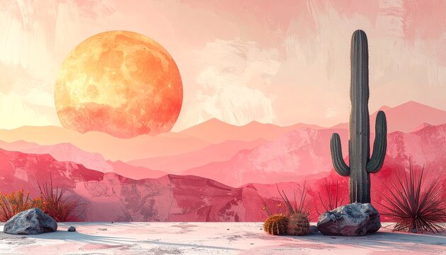 Desert illustration at sunset, a saguaro cactus against a glowing sky and distant mountains, embodying the serene concept of vast natural beauty