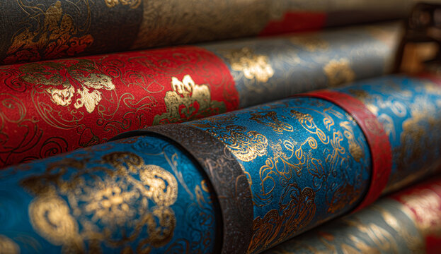 Colorful patterned wrapping paper rolls with intricate gold designs on vibrant red, blue, and silver backgrounds