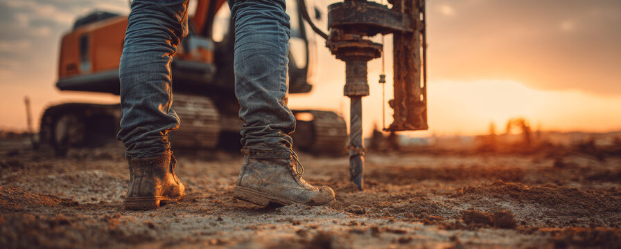 Construction worker in durable blue jeans and sturdy work boots standing on rough dirt ground near drilling equipment at sunset