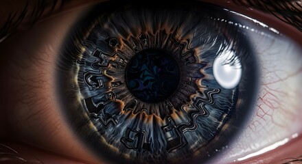 Fototapeta premium Extreme close up of girl eye with advanced futuristic iris pattern containing colorful circuit traces and abstract nebula design