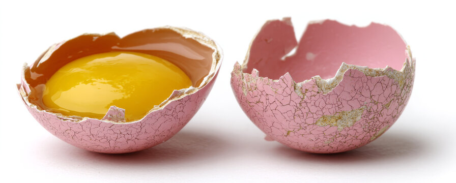 Cracked pink eggshell with golden yolk inside, broken in half revealing smooth, glossy interior and textured shell surface