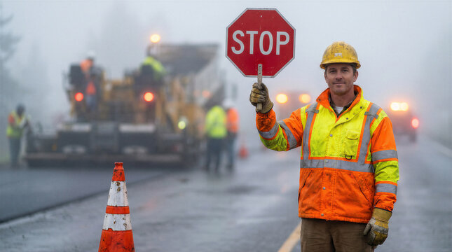 Construction worker holding a stop sign on a foggy road with heavy machinery and traffic cones in the background during road work