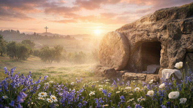 Empty tomb of jesus christ with a stone rolled away, sunrise background, cross on the hill, resurrection concept, religious scenery