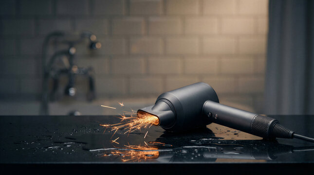 A dangerous situation with a hair dryer sparking on a wet bathroom counter, representing electrical hazard and safety risks in the home