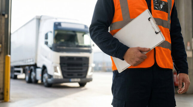 Closeup of a warehouse worker in a highvisibility vest holding a clipboard with a delivery truck in the background at a loading dock