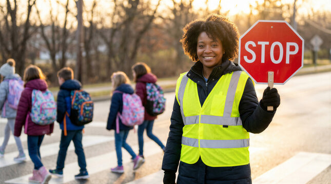 Crossing guard holding a stop sign while children cross the street in a crosswalk