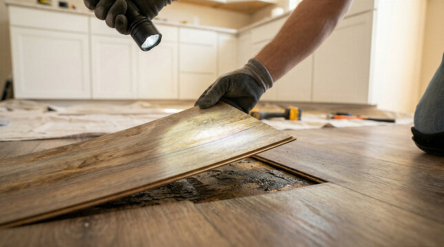 Closeup of a worker inspecting damaged laminate flooring with a flashlight in a kitchen renovation project