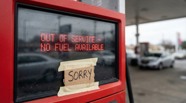 Closeup of a gas pump display screen with an out of service message and a handwritten sorry note taped to the glass at a gas station