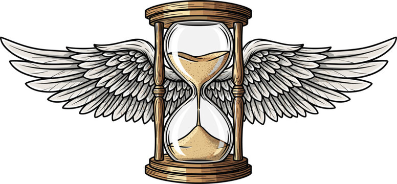 Winged Hourglass Time Symbol Illustration Representing Passage of Time Mortality Eternity and Life Balance Concept with Feathered Wings Decorative Vector Emblem for Tattoos Logos and Designs