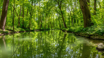 Obraz premium Serene Forest Stream A Tranquil Reflection of Natures Beauty.