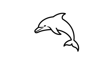 Fototapeta premium Simple black and white line art illustration of a playful dolphin jumping, minimalist marine animal drawing icon