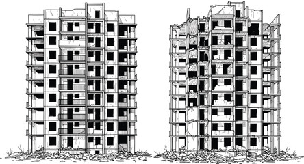 Abandoned and destroyed apartment buildings line art illustration set of ruined city urban structures isolated on white background © Jakiatur