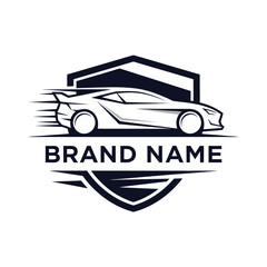 Obraz premium Fast sports car vector logo design, speedy automobile emblem with shield and brand name, luxury vehicle illustration, automotive industry branding, modern and dynamic.