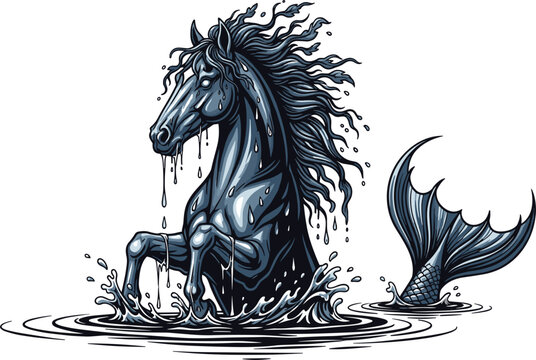 Kelpie Water Horse Mythical Creature Illustration Emerging from Lake with Splashing Waves Fantasy Folklore Spirit Animal Symbol for Tattoos Logos Mascots and Vector Designs