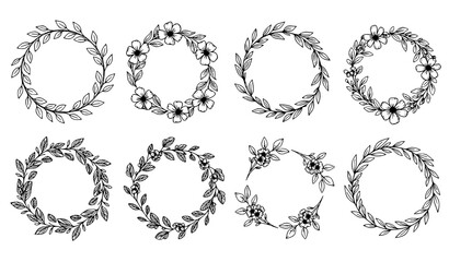 Obraz premium Hand Drawn Botanical Wreath Collection Linear Outline Floral Frame Vector Set