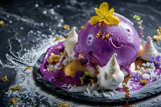 Modern Plated Suspiro Lime&ntilde;o with Purple Meringue and Dark Luxury Copy Space 