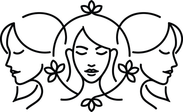 Triple goddess symbol vector illustration with three female faces in profile and floral elements representing phases of womanhood and feminine energy on a transparent grid background.