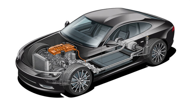 Cutaway illustration of a modern black car showing its internal components and hybrid powertrain system