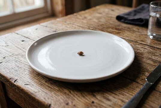 Single small seed in the center of an empty white ceramic plate on a rustic wooden table, representing poverty and food scarcity.