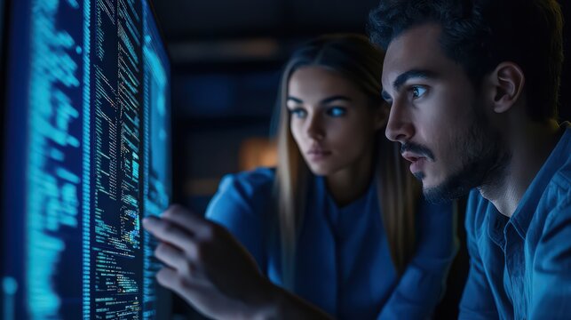 Two programmers collaborating on a coding project in a dark room with a large computer screen