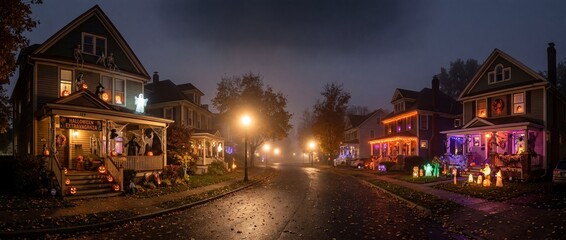 Obraz premium Halloween panorama of suburban houses decorated with jack-o-lanterns, skeletons, and glowing lights under a misty evening sky.