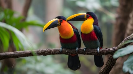 Fototapeta premium Two Colorful Toucans Perched Together on a Branch in a Lush Forest.