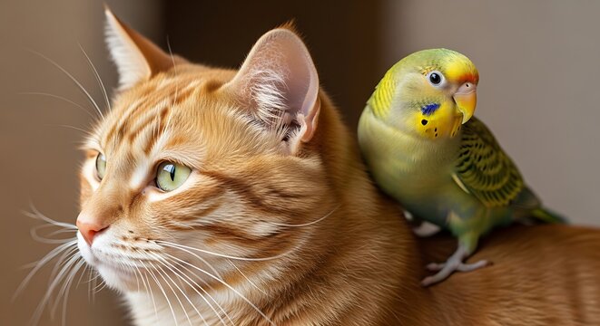 Cat and parakeet sitting together peacefully.