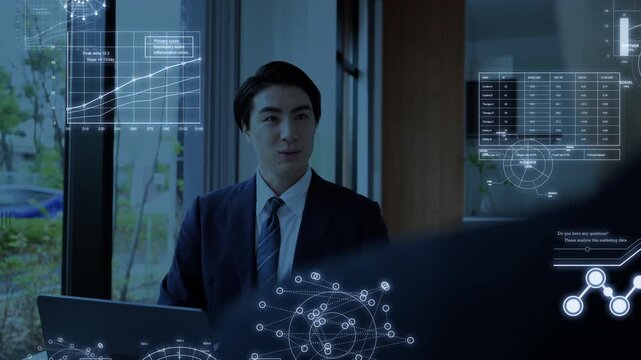 AIデータ分析を活用した男性の営業や商談ビジネス対話マーケティングシーンの動画　マーケティングやインターネットなどのイメージのモーショングラフィック付き	