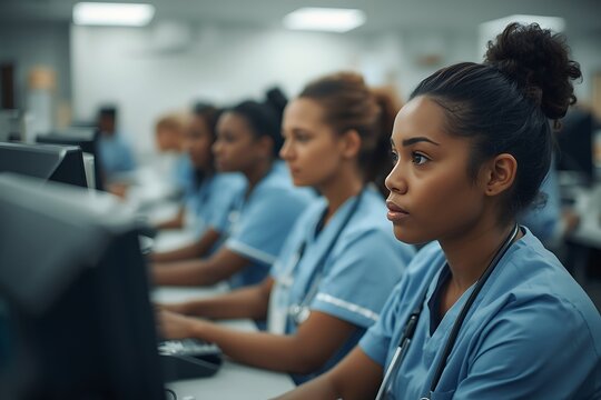 Generative AI depicting diverse healthcare professionals working in a modern medical facility