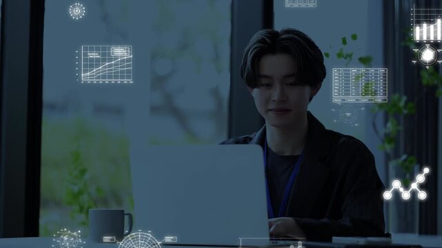 パソコンを使うエンジニアやマーケターがAIデータ分析で仕事が加速するビジネス仕事の効率化や生産性向上の動画テクノロジーのビジネスイメージシーン　モーショングラフィック(hud)付き