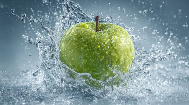 Green apple with water splash against a blue background studio shot