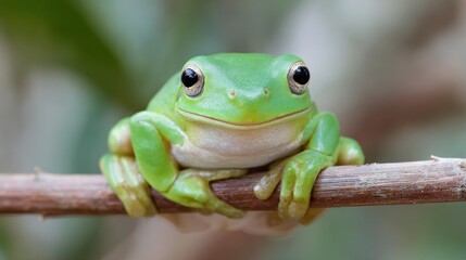 Obraz premium Close up of a vibrant green frog perched on a small branch outdoors