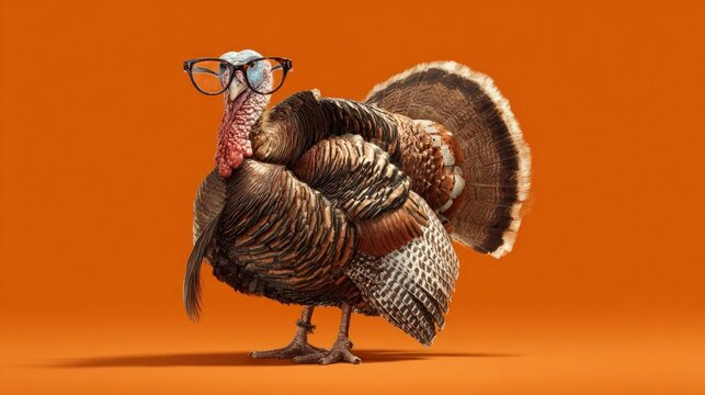 Smart turkey with eyeglasses standing against orange background