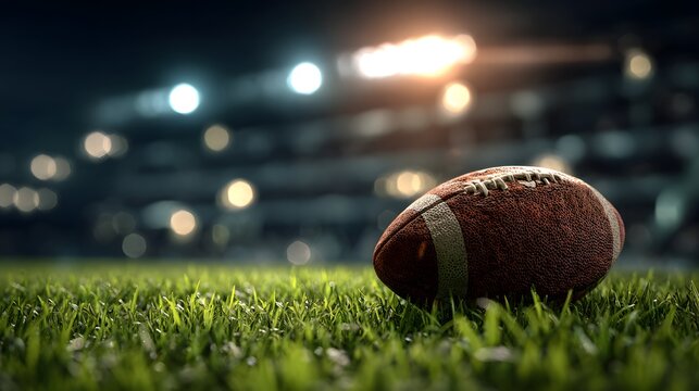 American Football Rests on Lush Green Field Under Stadium Lights.