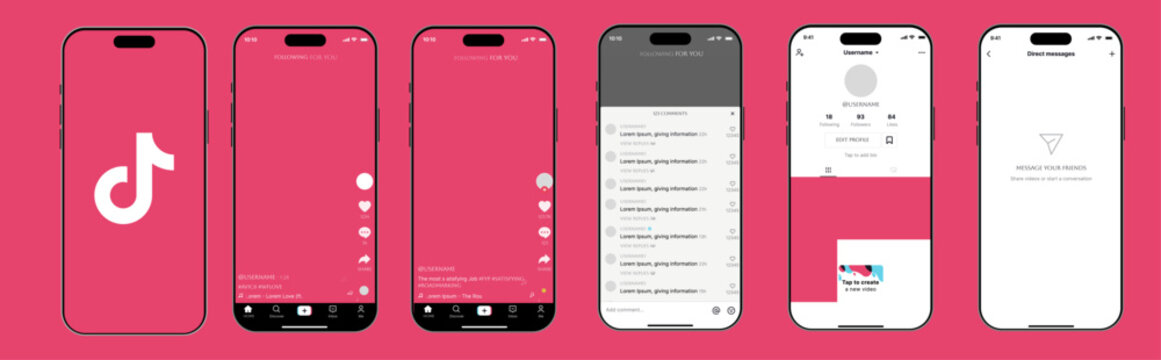 TikTok app UI template 2026 optimized for iPhone 17. Modern short-form video interface featuring feed, profile, and player screens&mdash;ideal for mockups, app previews, and sleek design presentations.