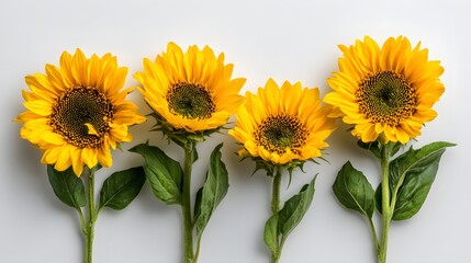 Obraz premium Four Vibrant Sunflowers Standing Tall Against a Clean White Background.