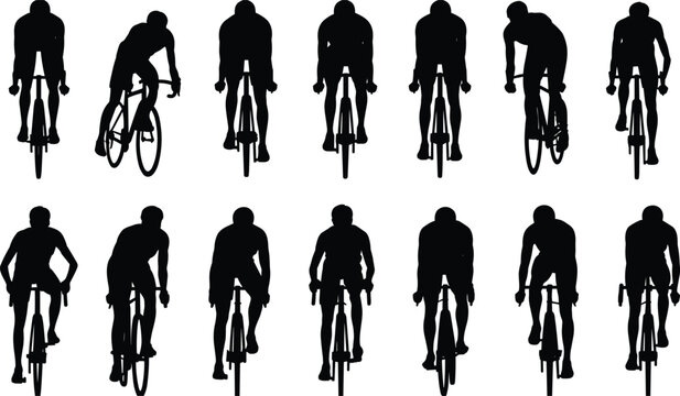 Flat vector silhouettes of cyclists riding bicycles front view different postures