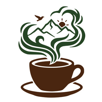 Mountain Coffee Logo Design &ndash; Nature Landscape Steam with Sun and Bird Silhouette