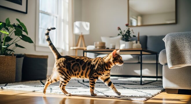 Bengal cat with exotic spotted coat and athletic body, active and intelligent breed resembling wild leopard appearance.