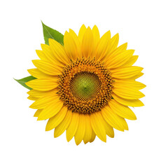 Fototapeta premium Ultra-realistic flat lay of a vibrant yellow sunflower with detailed dark center and green leaves, isolated on a transparent background, showcasing natural beauty and purity concept.