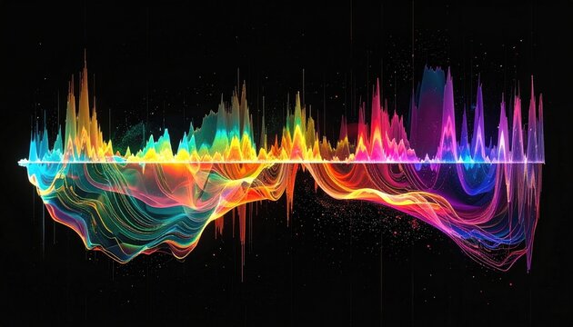 A vibrant abstract design of colorful waves resembling audio waveforms on black
