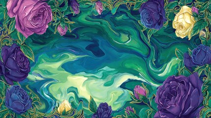 Vibrant floral design with swirling abstract background and decorative elements