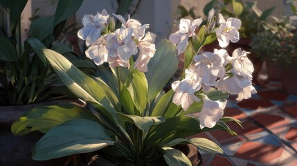 Close up of vibrant white flowers with green leaves illuminated by sunlight