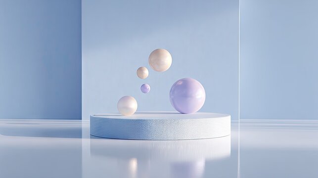 Softly lit spherical objects float near a textured cylindrical pedestal in a minimalist pale blue environment