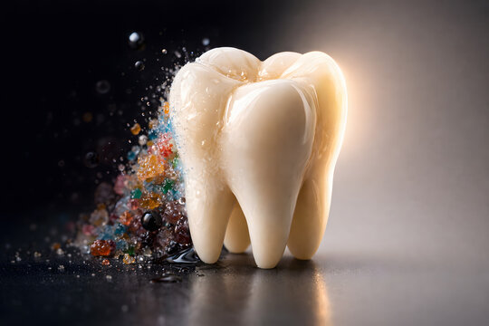 Realistic white molar tooth with colorful sugar sprinkles on a dark surface. Conceptual illustration of dental health, cavity risks, and the effect of sweets on enamel.
